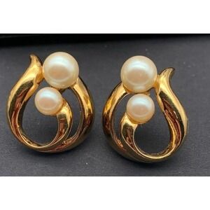 Vintage AVON Elegant Faux Pearl Curved Polished Gold Tone Pierced Earrings